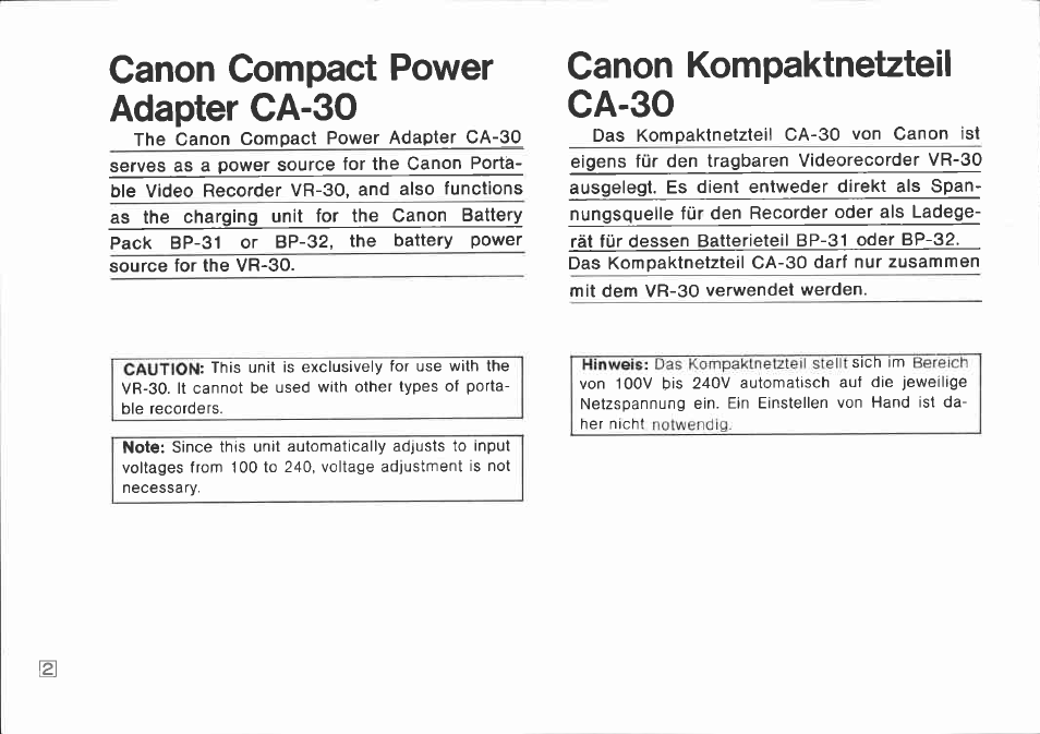 Canon compact power adapter ca-30 | Canon CA-30 User Manual | Page 2 / 34