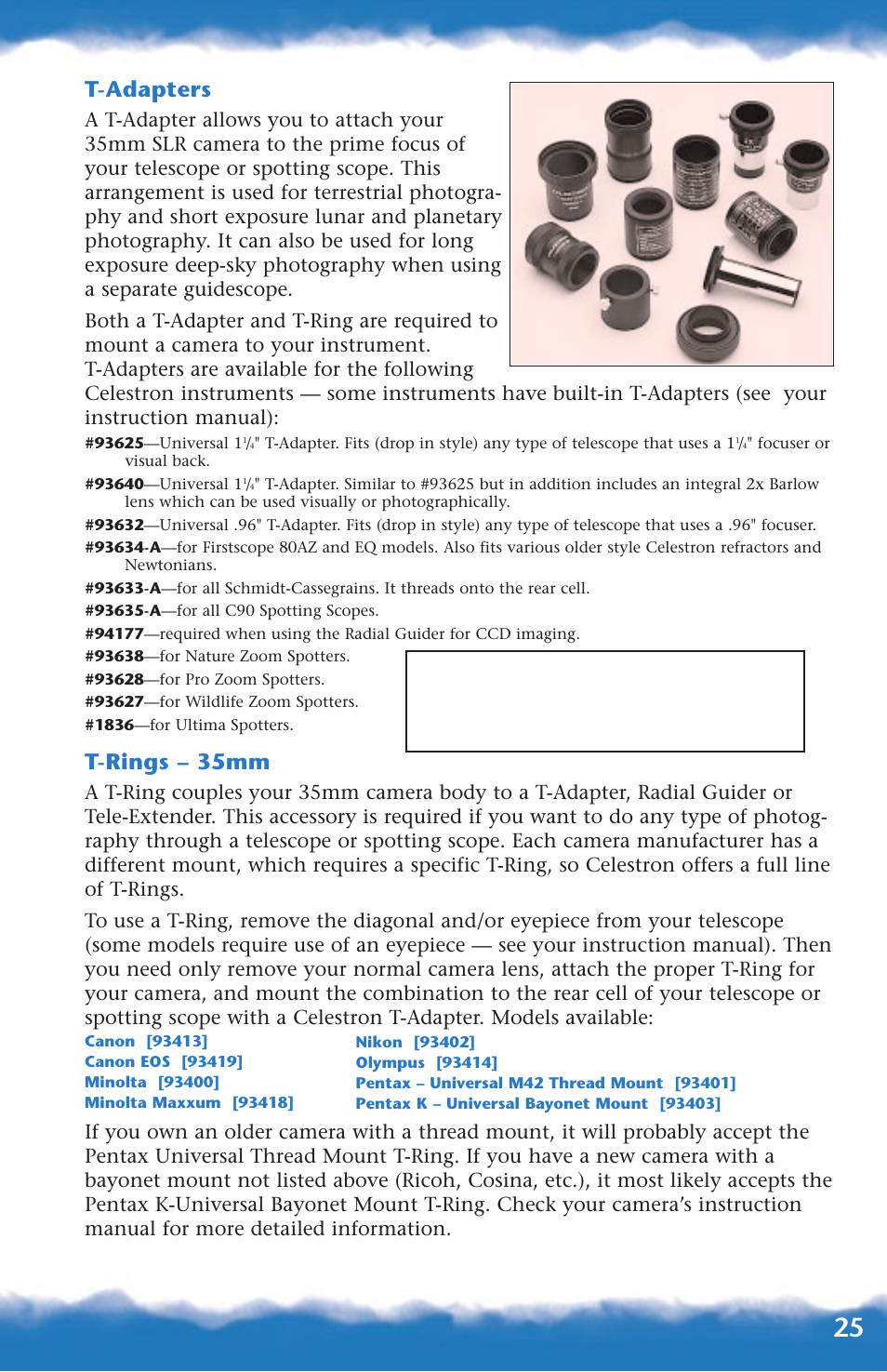 T-adapters and t-rings, Fpo (pick up), T-adapters | T-rings – 35mm | Canon 93517 User Manual | Page 25 / 36