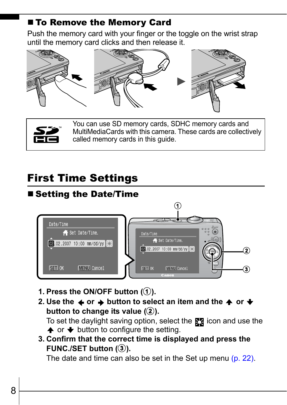 First time settings | Canon IXUS 75 User Manual | Page 10 / 35
