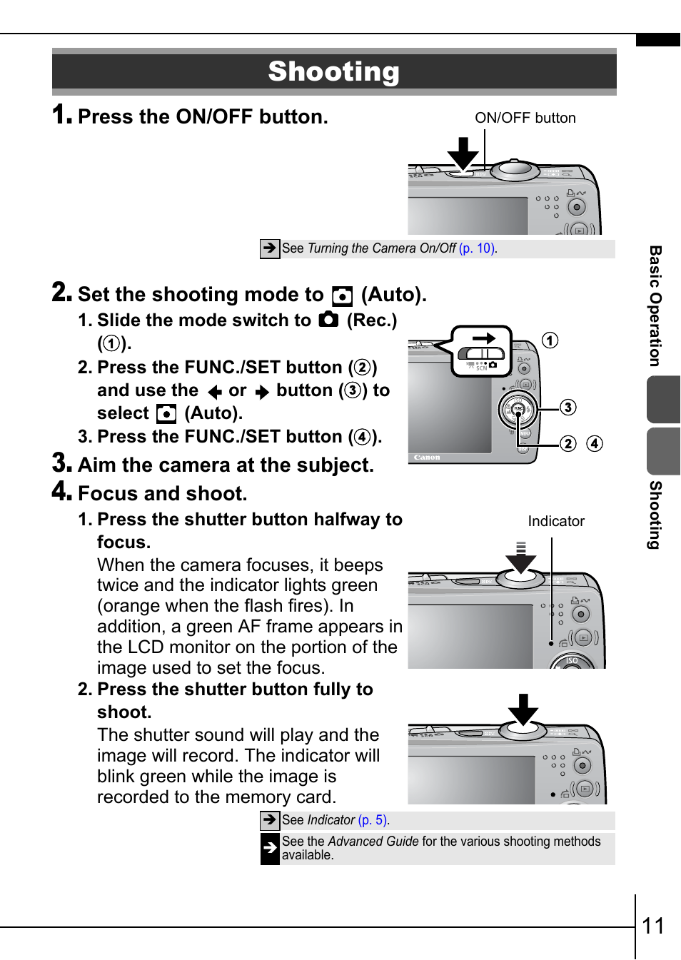 Shooting, Pp. 11, P. 11) | Press the on/off button, Set the shooting mode to (auto), Aim the camera at the subject, Focus and shoot | Canon IXUS 75 User Manual | Page 13 / 35