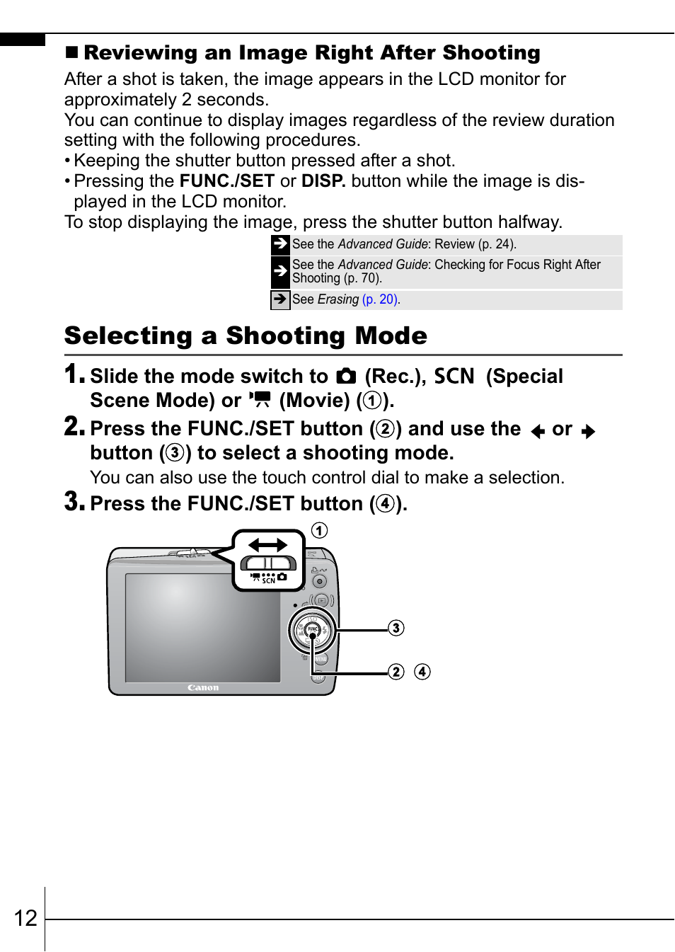 Selecting a shooting mode, P. 12 | Canon IXUS 75 User Manual | Page 14 / 35