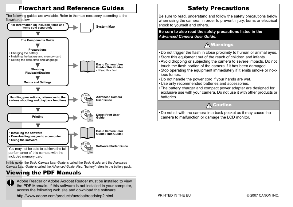 Flowchart and reference guides, Safety precautions, Viewing the pdf manuals | Warnings, Caution | Canon IXUS 75 User Manual | Page 2 / 35