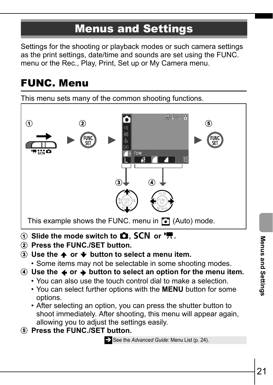 Menus and settings, Func. menu, P. 21 | Canon IXUS 75 User Manual | Page 23 / 35