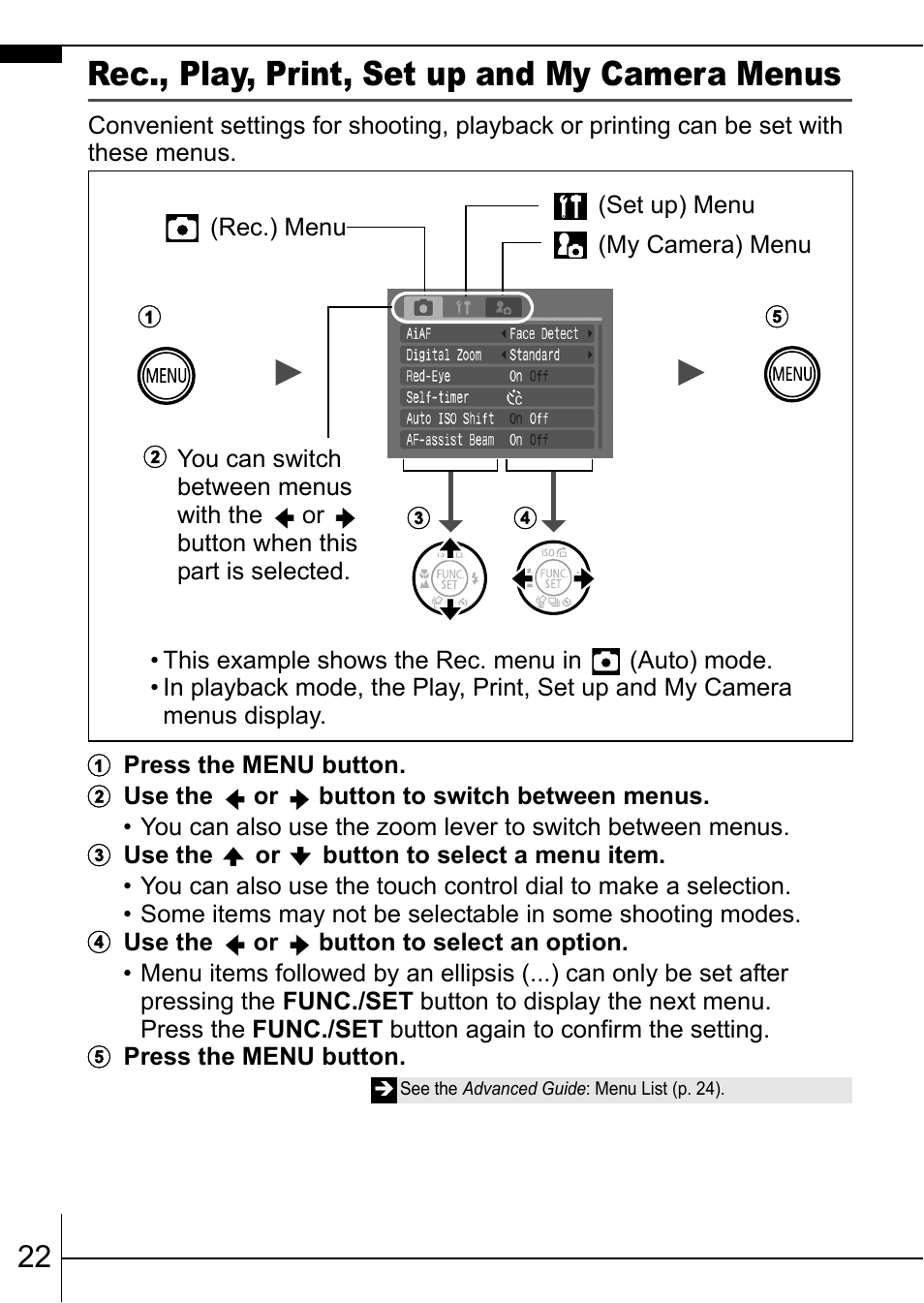 Rec., play, print, set up and my camera menus, P. 22 | Canon IXUS 75 User Manual | Page 24 / 35