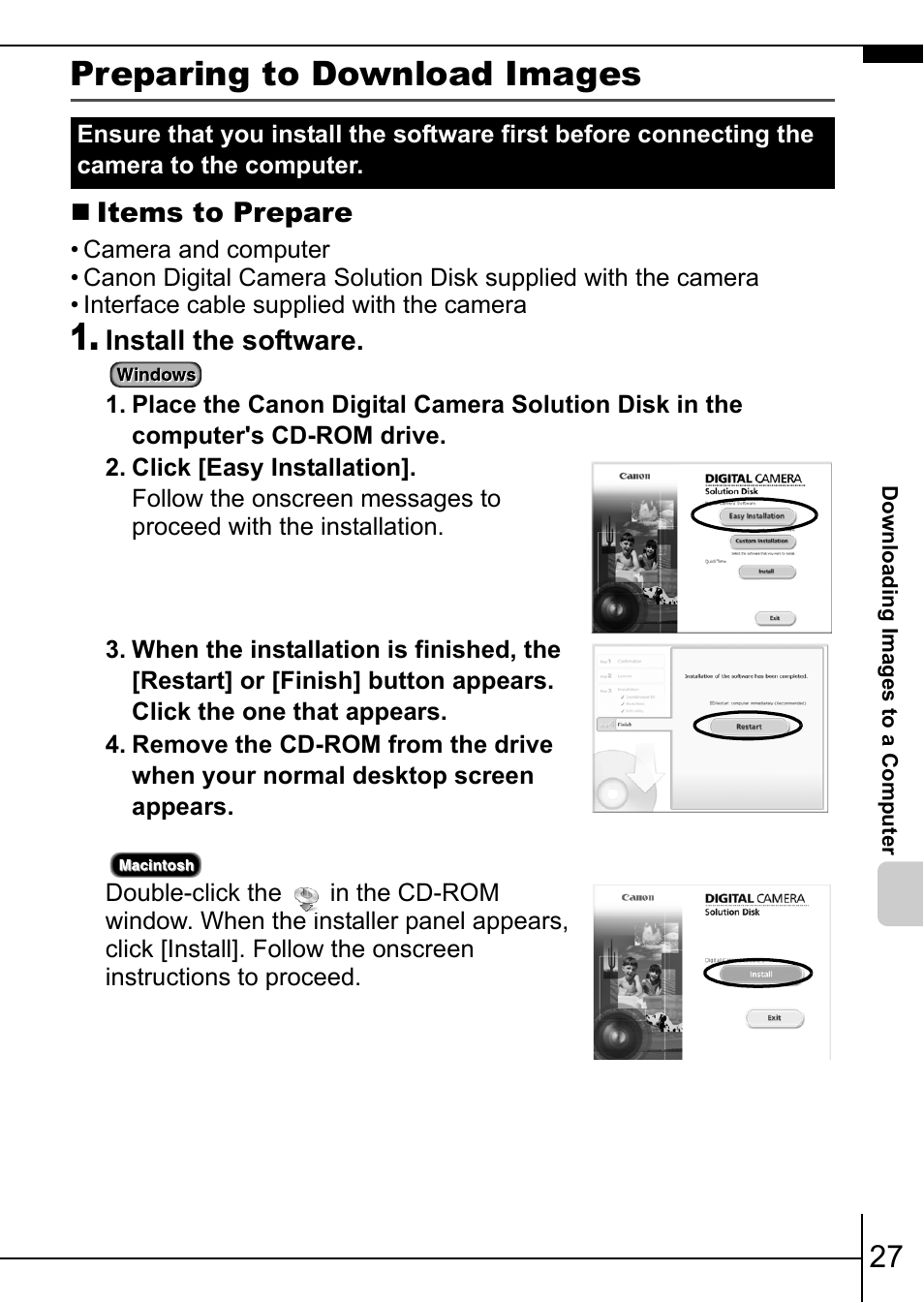 Preparing to download images, Pp. 27, Items to prepare | Install the software | Canon IXUS 75 User Manual | Page 29 / 35
