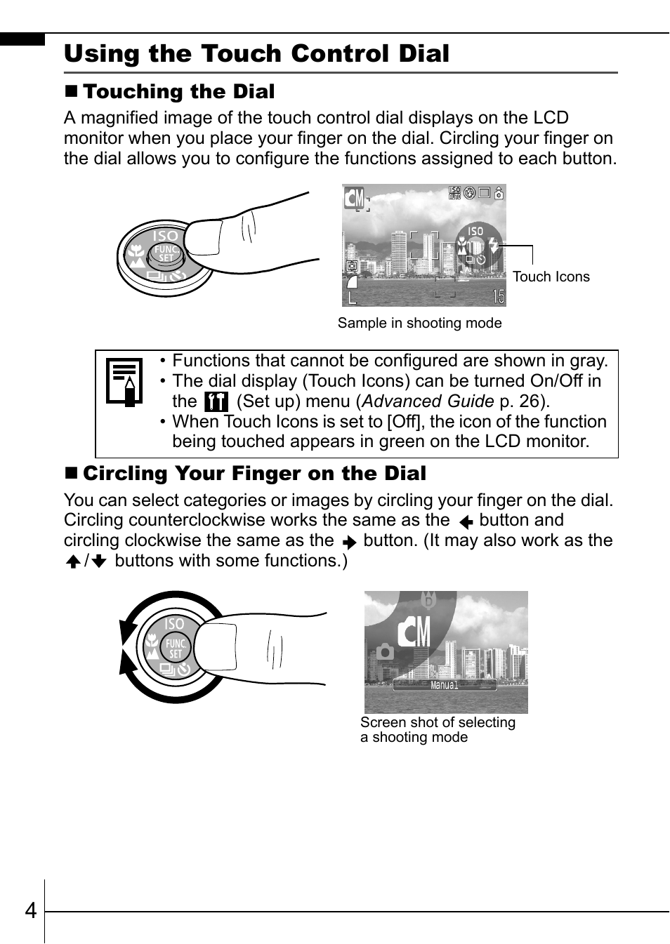 Using the touch control dial, P. 4) | Canon IXUS 75 User Manual | Page 6 / 35