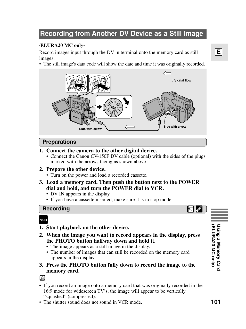 Recording from another dv device as a still image, 101 e, Connect the camera to the other digital device | Prepare the other device, Recording, Elura20 mc only, Turn on the power and load a recorded cassette | Canon elura20 User Manual | Page 101 / 152