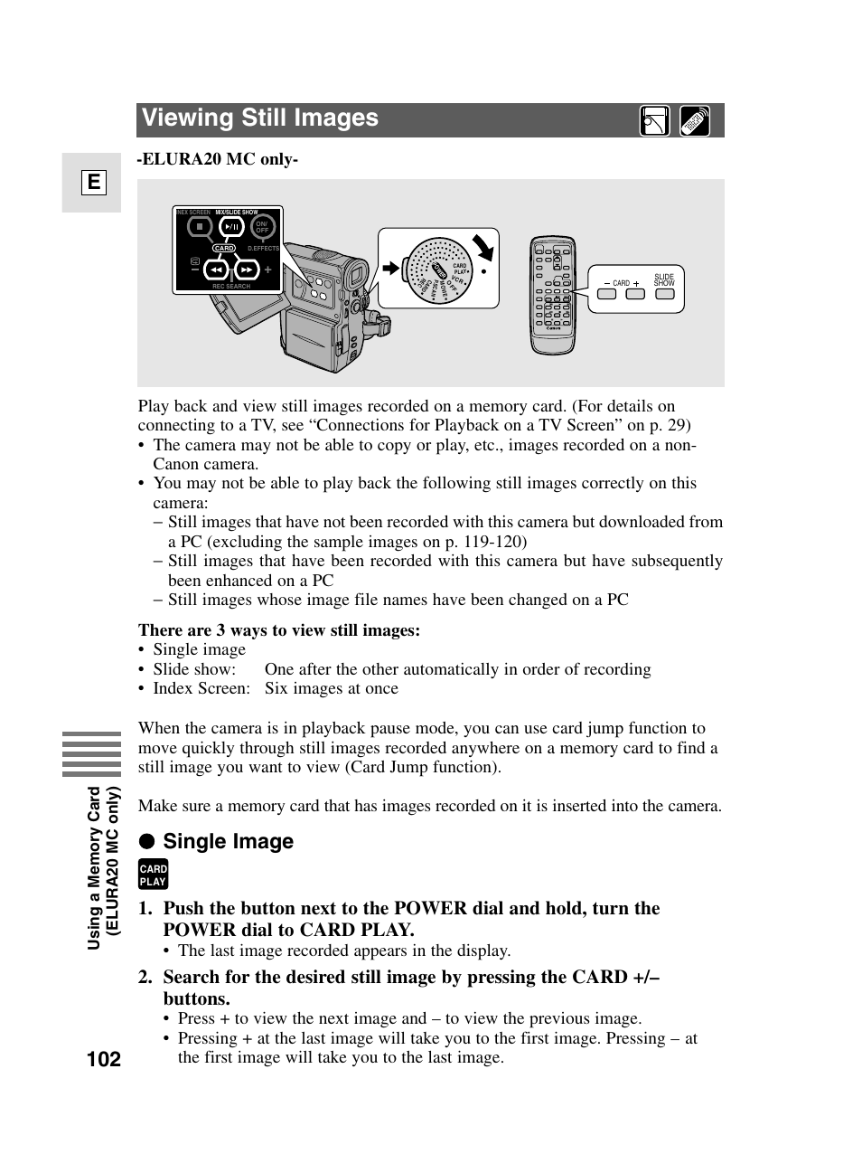 Viewing still images, 102 e, Single image | Elura20 mc only, The last image recorded appears in the display | Canon elura20 User Manual | Page 102 / 152