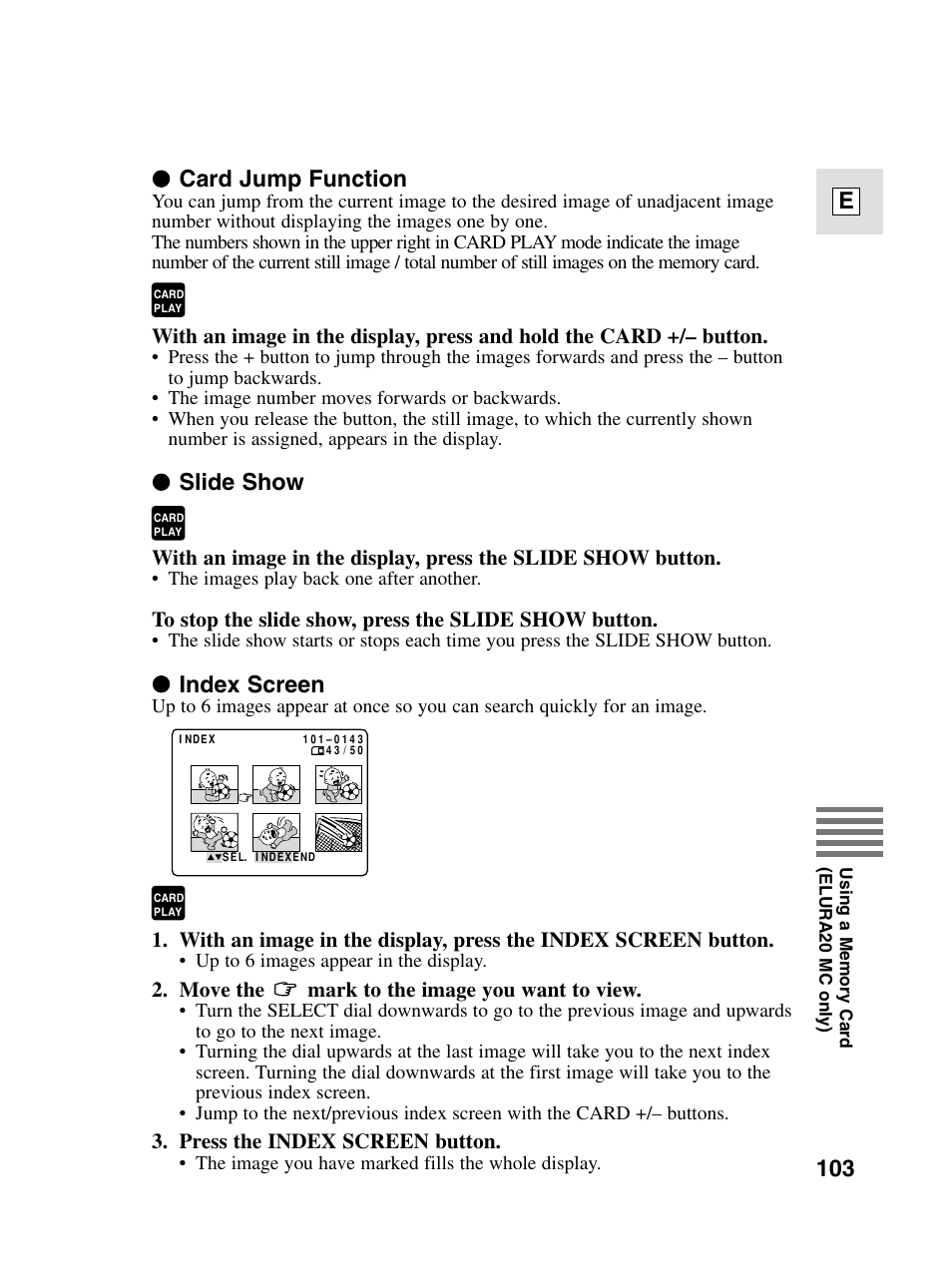 103 e, Card jump function, Slide show | Index screen | Canon elura20 User Manual | Page 103 / 152