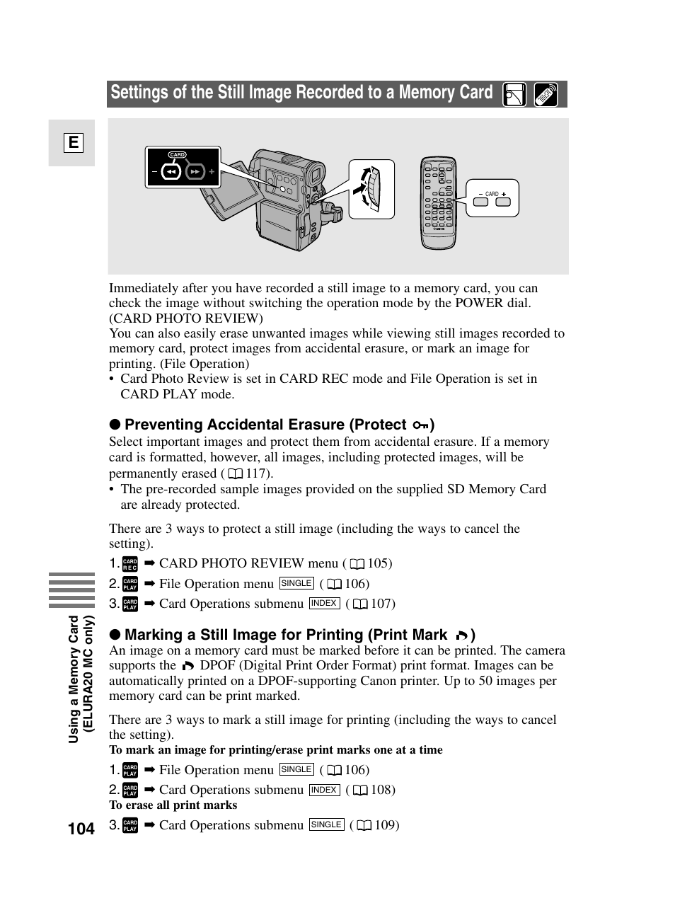 104 e, Preventing accidental erasure (protect ), Marking a still image for printing (print mark ) | Canon elura20 User Manual | Page 104 / 152