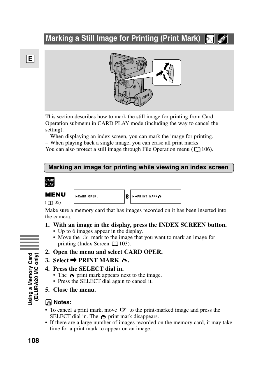 Marking a still image for printing (print mark), 108 e | Canon elura20 User Manual | Page 108 / 152