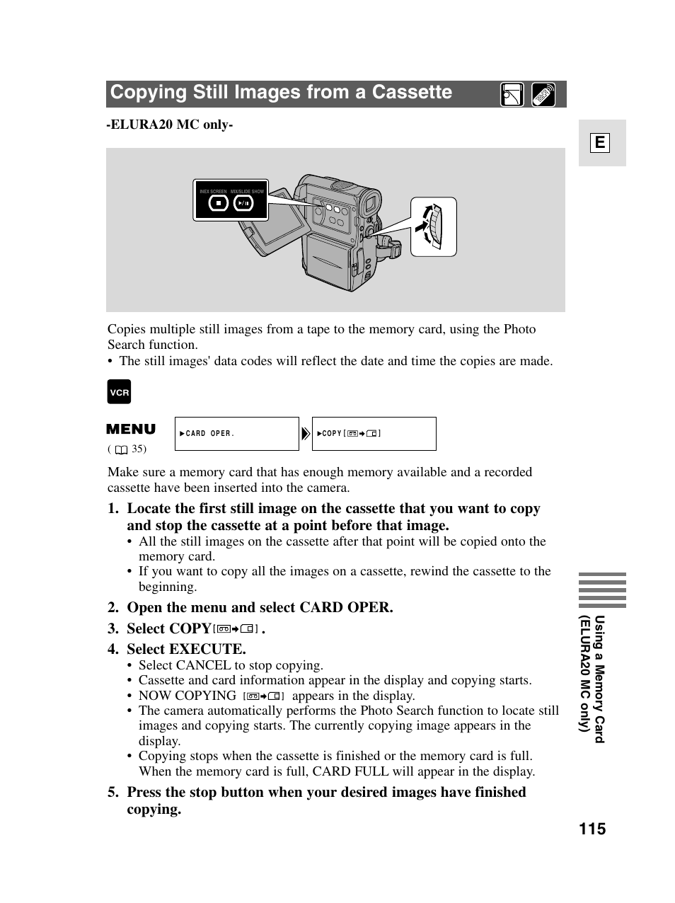 Copying still images from a cassette, 115 e | Canon elura20 User Manual | Page 115 / 152