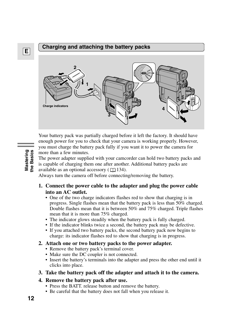 12 e, Charging and attaching the battery packs | Canon elura20 User Manual | Page 12 / 152