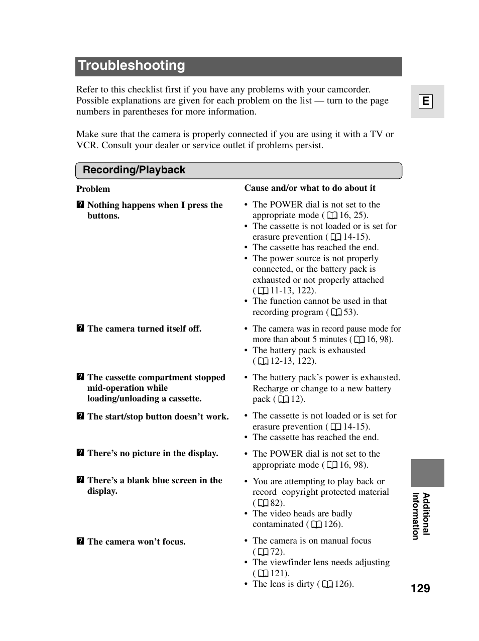 Troubleshooting, 129 e | Canon elura20 User Manual | Page 129 / 152