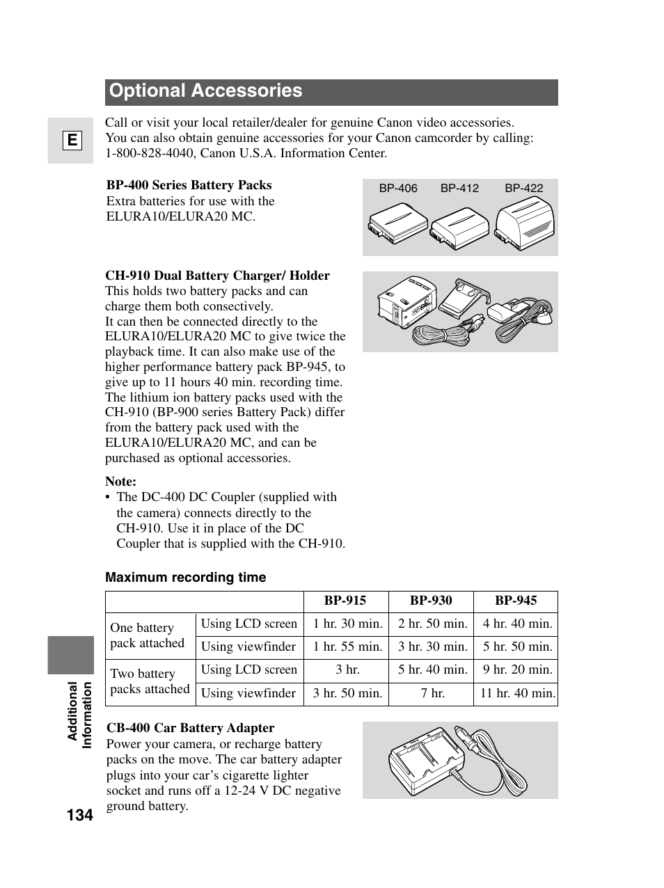 Optional accessories, 134 e | Canon elura20 User Manual | Page 134 / 152