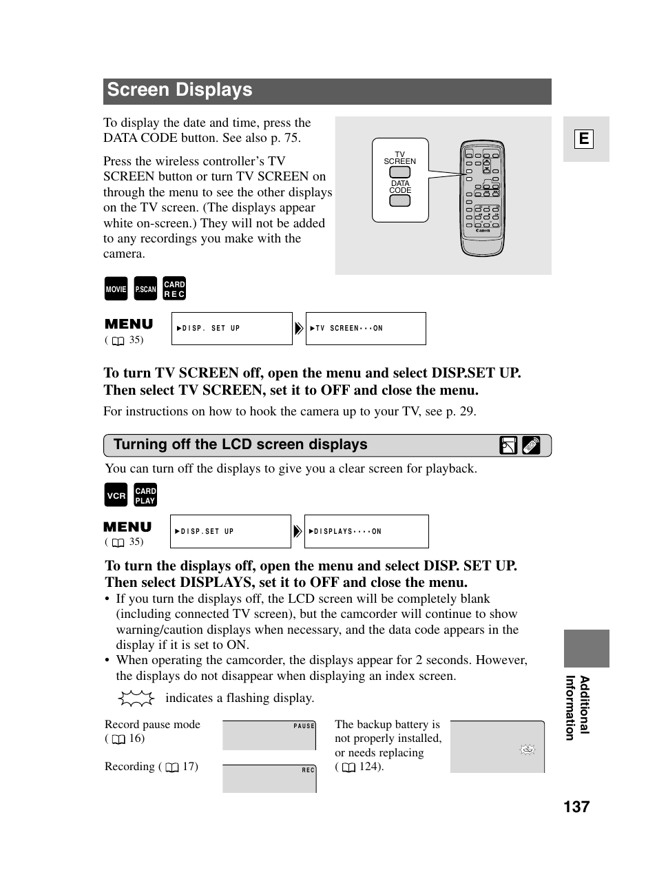 Screen displays, 137 e, Turning off the lcd screen displays | Canon elura20 User Manual | Page 137 / 152