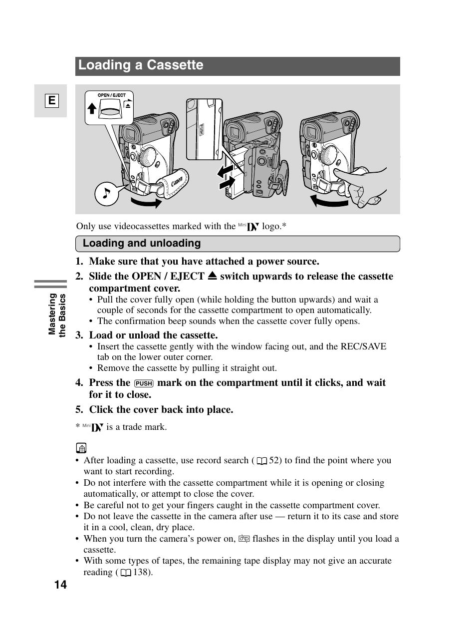 Loading a cassette, 14 e | Canon elura20 User Manual | Page 14 / 152