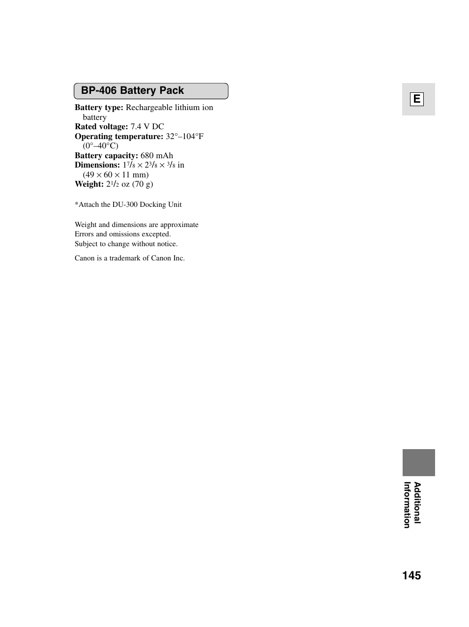 145 e, Bp-406 battery pack | Canon elura20 User Manual | Page 145 / 152