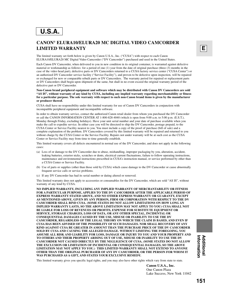 U.s.a, 151 e, Canon | Canon elura20 User Manual | Page 151 / 152
