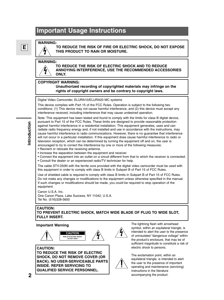 Important usage instructions | Canon elura20 User Manual | Page 2 / 152