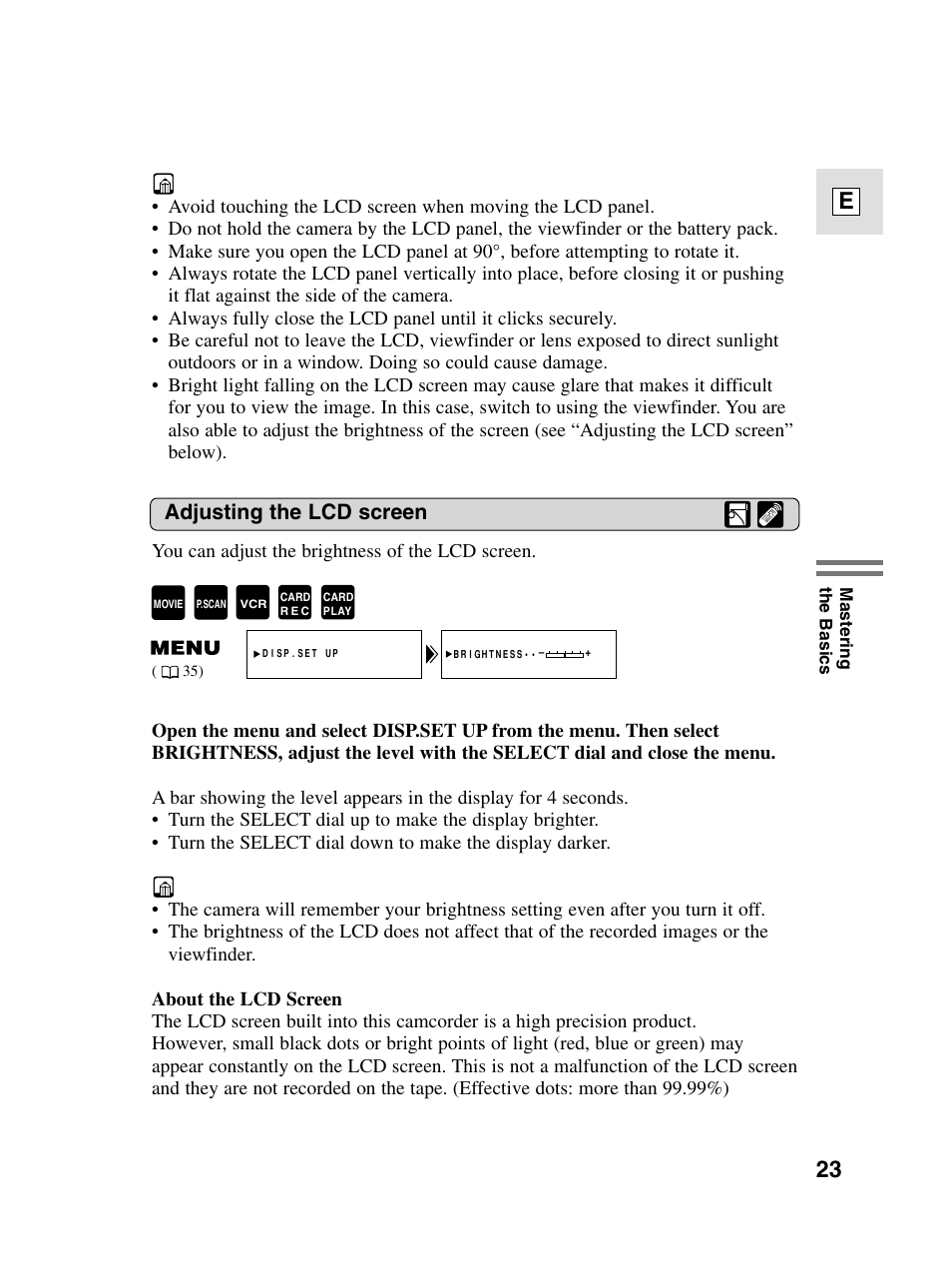 23 e, Adjusting the lcd screen | Canon elura20 User Manual | Page 23 / 152