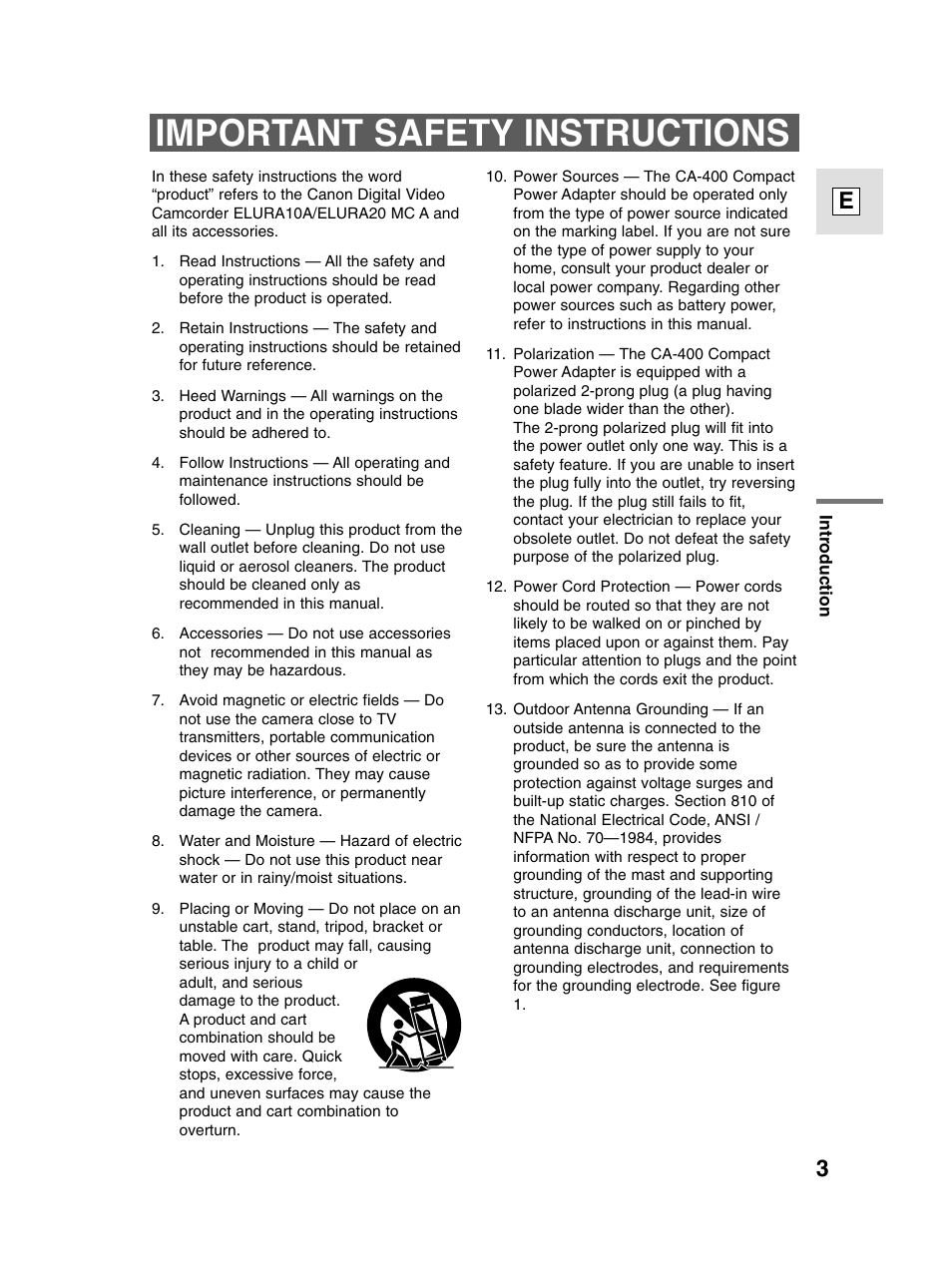 Important safety instructions | Canon elura20 User Manual | Page 3 / 152
