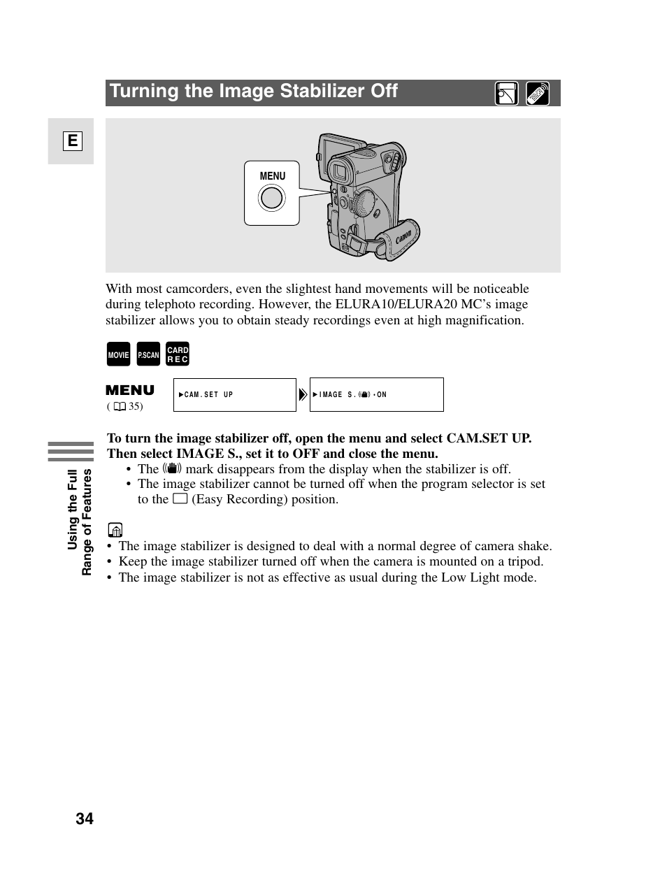 Turning the image stabilizer off, 34 e | Canon elura20 User Manual | Page 34 / 152