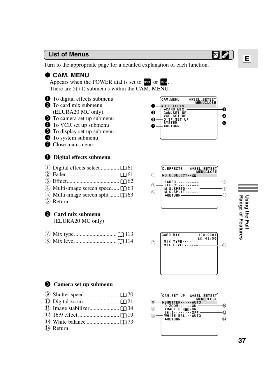 37 e, 2 cam. menu, List of menus | Canon elura20 User Manual | Page 37 / 152