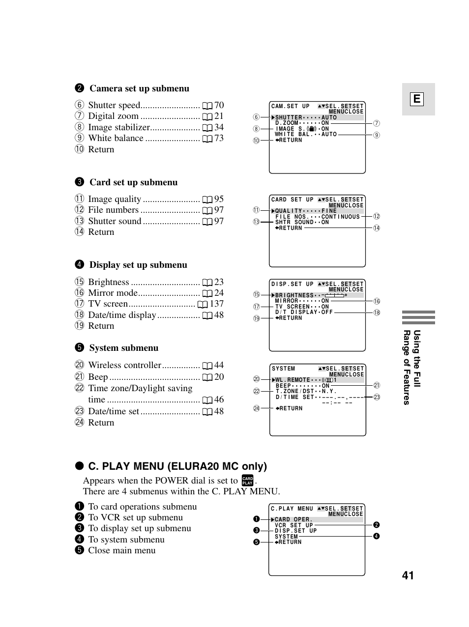 41 e, 2 c. play menu (elura20 mc only) | Canon elura20 User Manual | Page 41 / 152