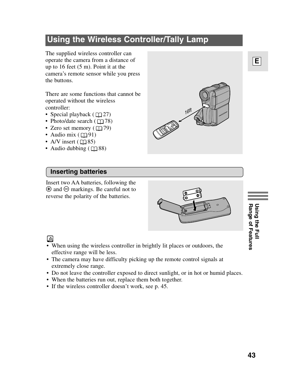 Using the wireless controller/tally lamp, 43 e | Canon elura20 User Manual | Page 43 / 152