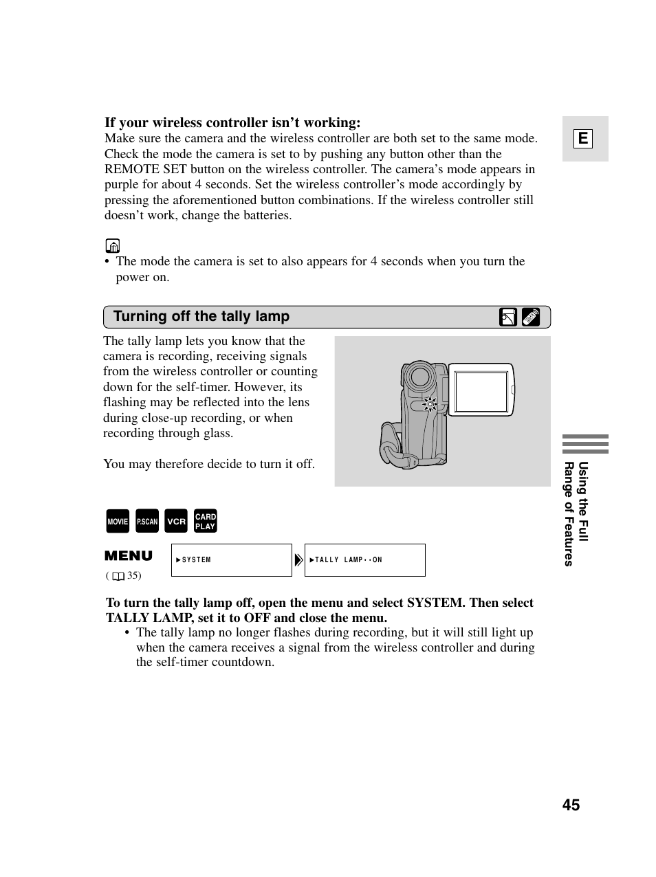 45 e, If your wireless controller isn’t working, Turning off the tally lamp | Canon elura20 User Manual | Page 45 / 152
