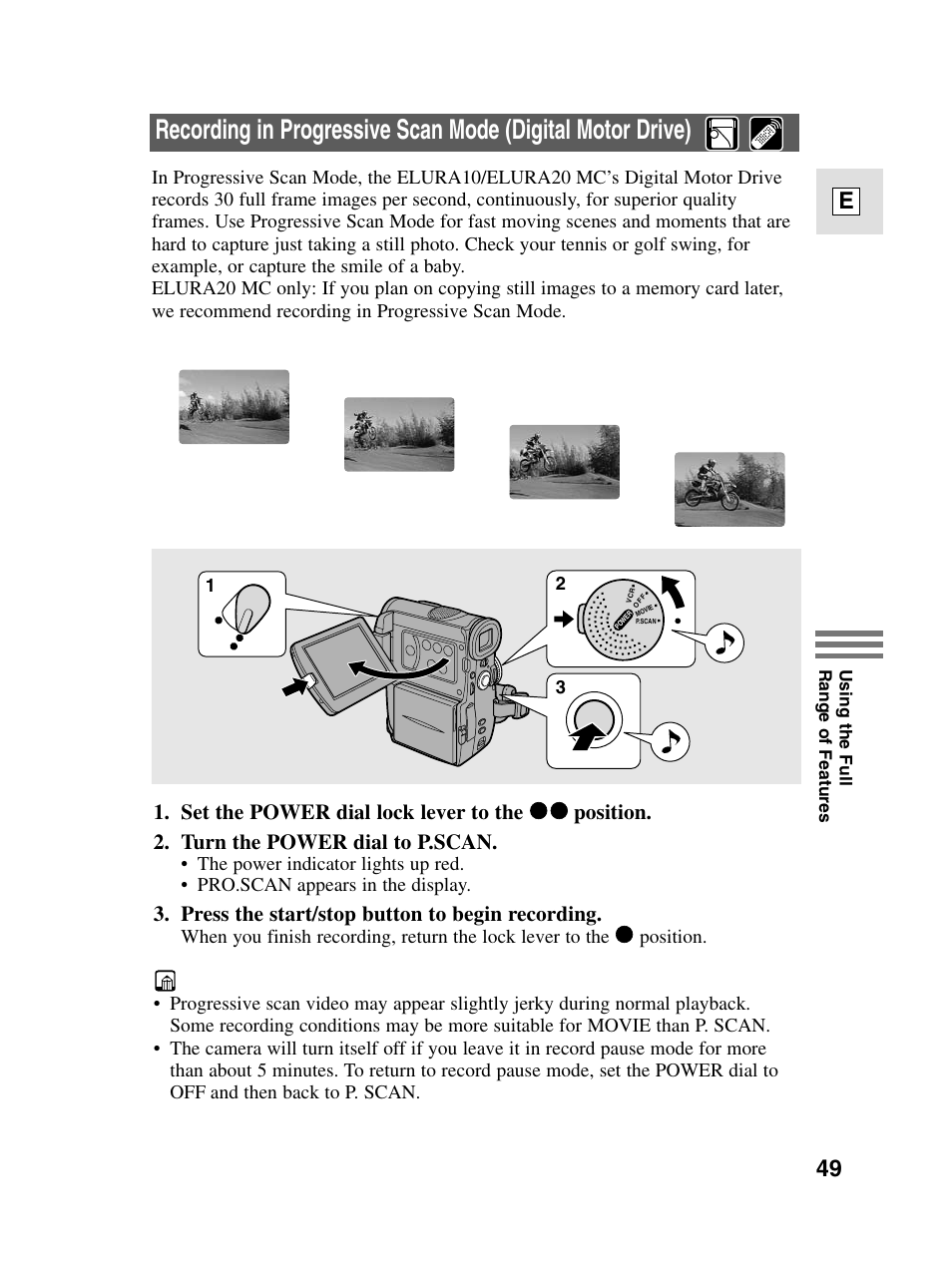 49 e, Press the start/stop button to begin recording | Canon elura20 User Manual | Page 49 / 152