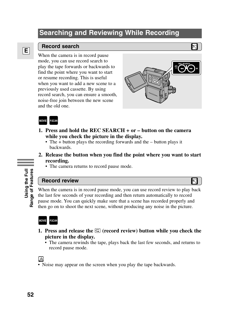 Searching and reviewing while recording, 52 e | Canon elura20 User Manual | Page 52 / 152