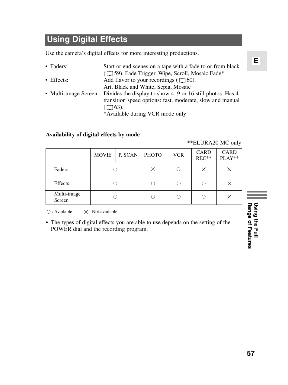 Using digital effects, 57 e | Canon elura20 User Manual | Page 57 / 152