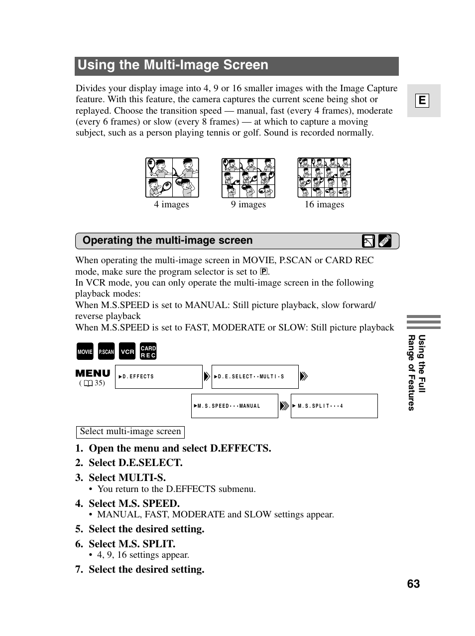 Using the multi-image screen, 63 e | Canon elura20 User Manual | Page 63 / 152