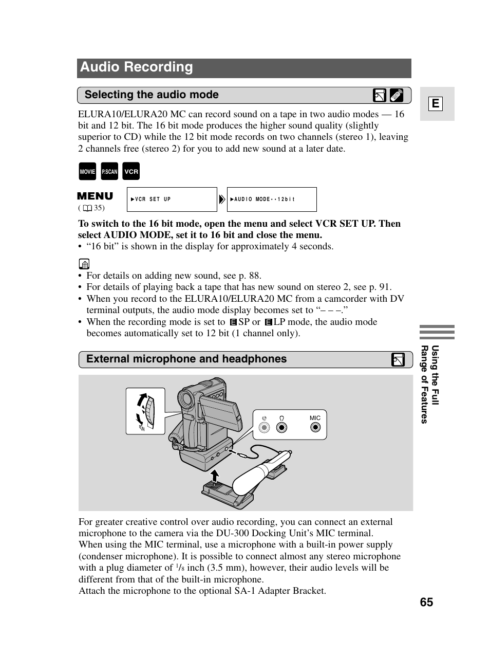 Audio recording, 65 e, Selecting the audio mode | External microphone and headphones | Canon elura20 User Manual | Page 65 / 152