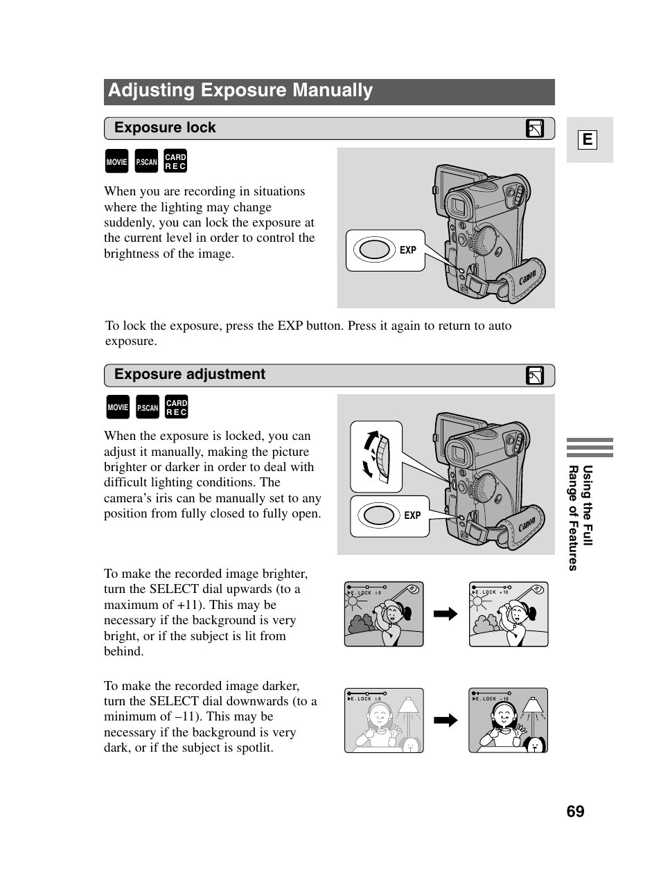 Adjusting exposure manually, 69 e, Exposure lock exposure adjustment | Canon elura20 User Manual | Page 69 / 152