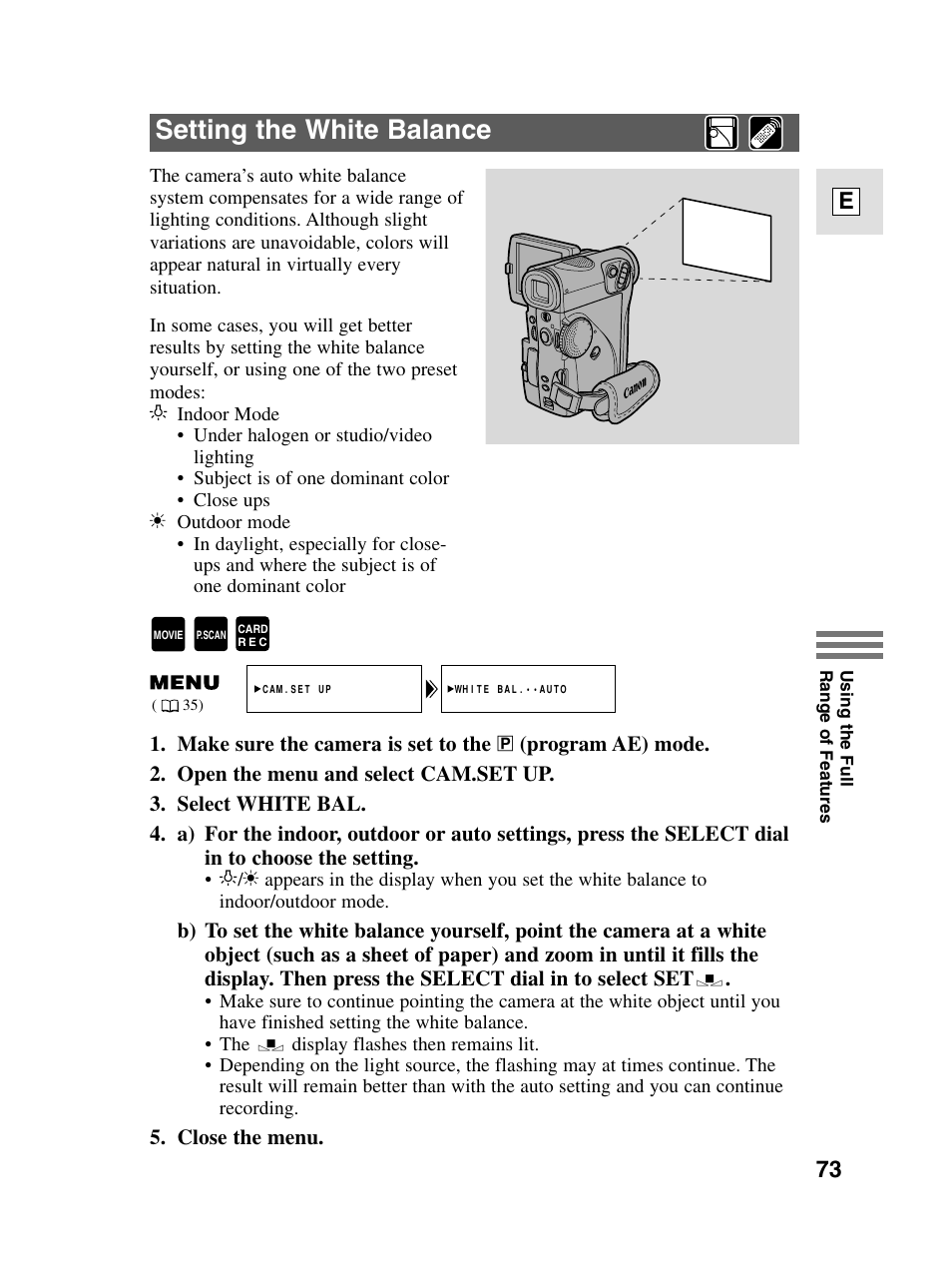 Setting the white balance, 73 e | Canon elura20 User Manual | Page 73 / 152