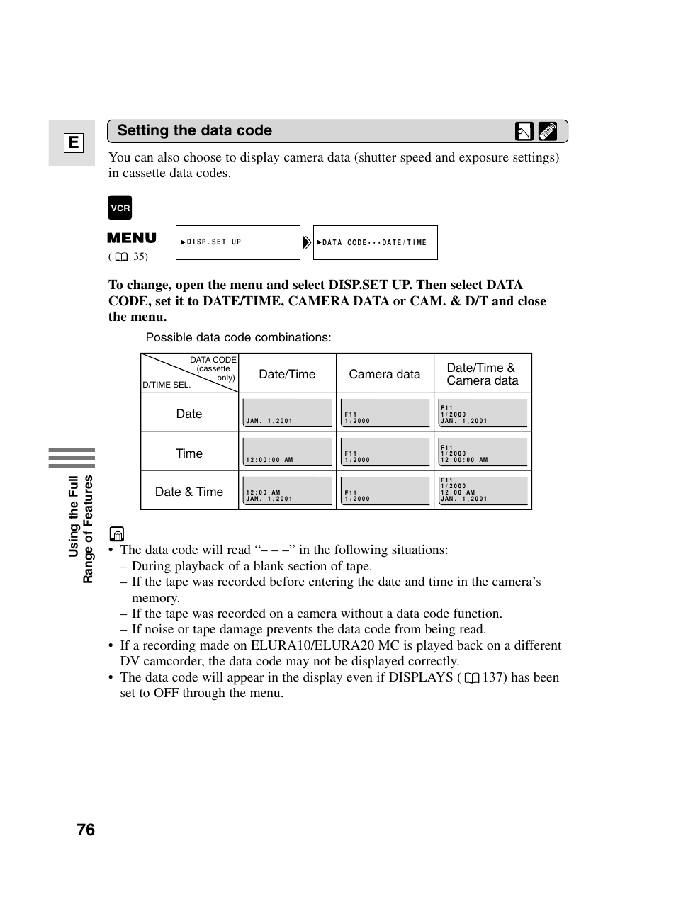 76 e, Setting the data code | Canon elura20 User Manual | Page 76 / 152