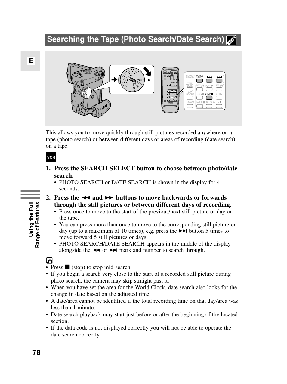Searching the tape (photo search/date search), 78 e | Canon elura20 User Manual | Page 78 / 152