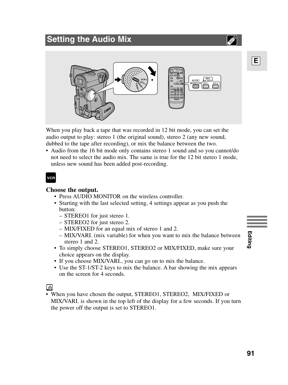 Setting the audio mix, 91 e, Choose the output | Canon elura20 User Manual | Page 91 / 152