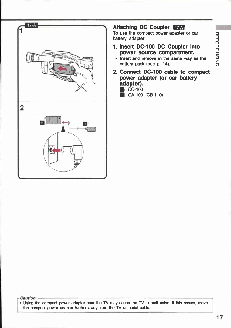 Attaching dc coupler |q3 | Canon E 600 User Manual | Page 17 / 96