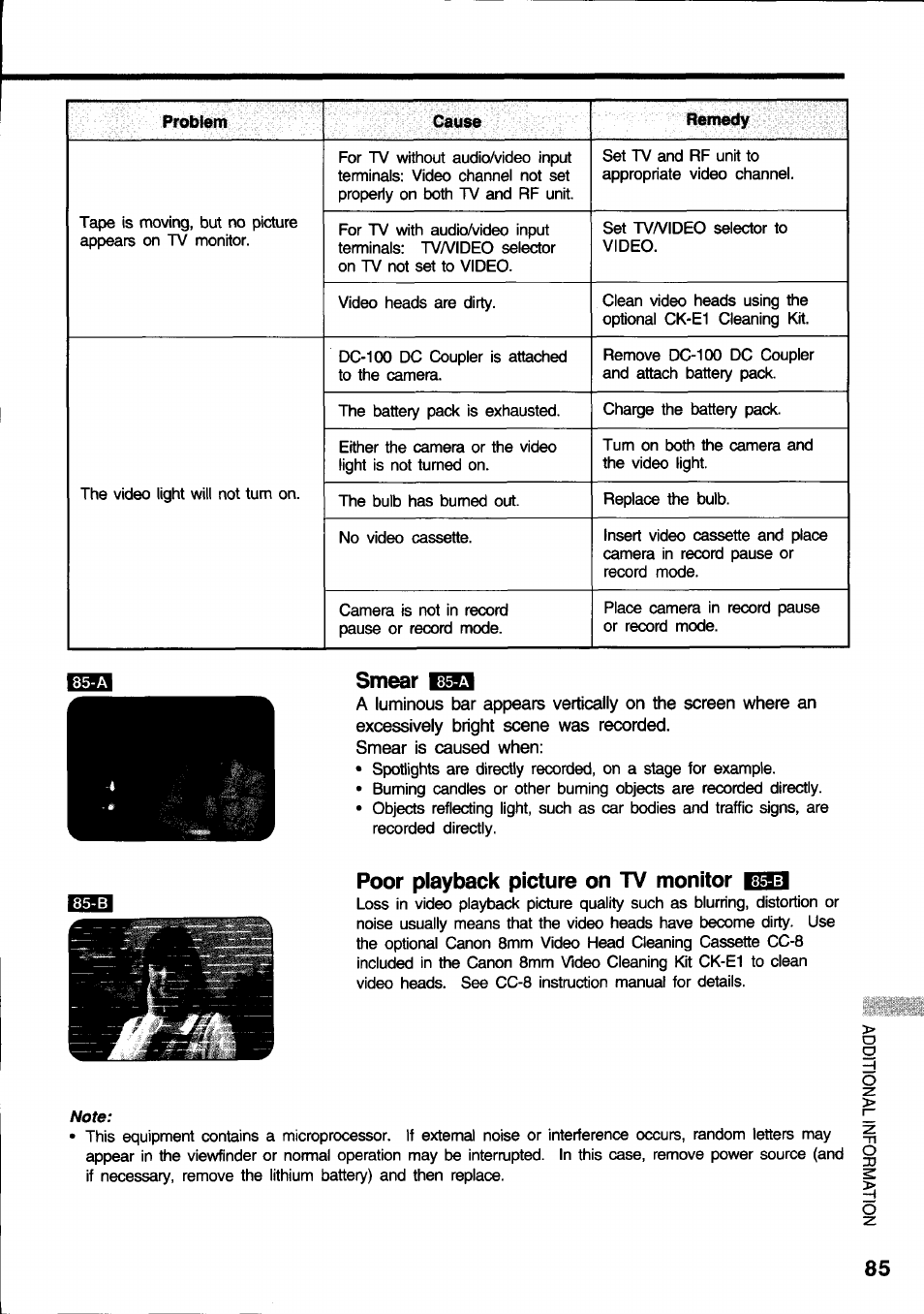 Smear 15, Poor playback picture on tv monitor, Problem cause remedy | Canon E 600 User Manual | Page 85 / 96