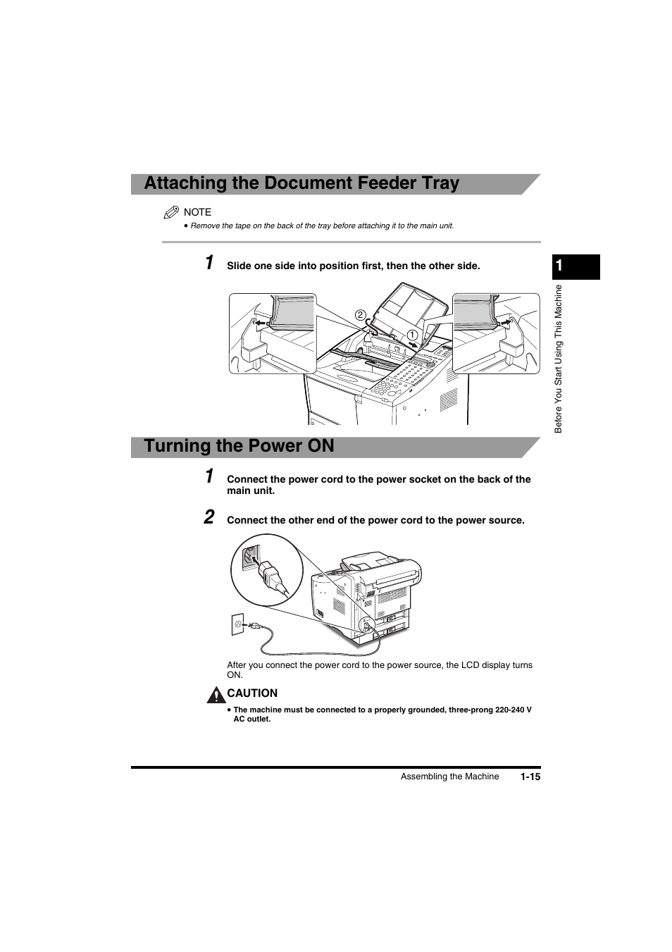 Attaching the document feeder tray, Turning the power on | Canon FAX-L2000IP  EN User Manual | Page 31 / 108