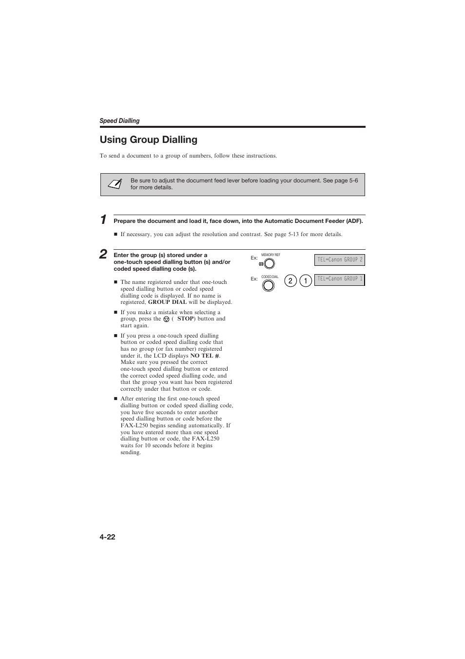 Using group dialling | Canon L250 User Manual | Page 100 / 282
