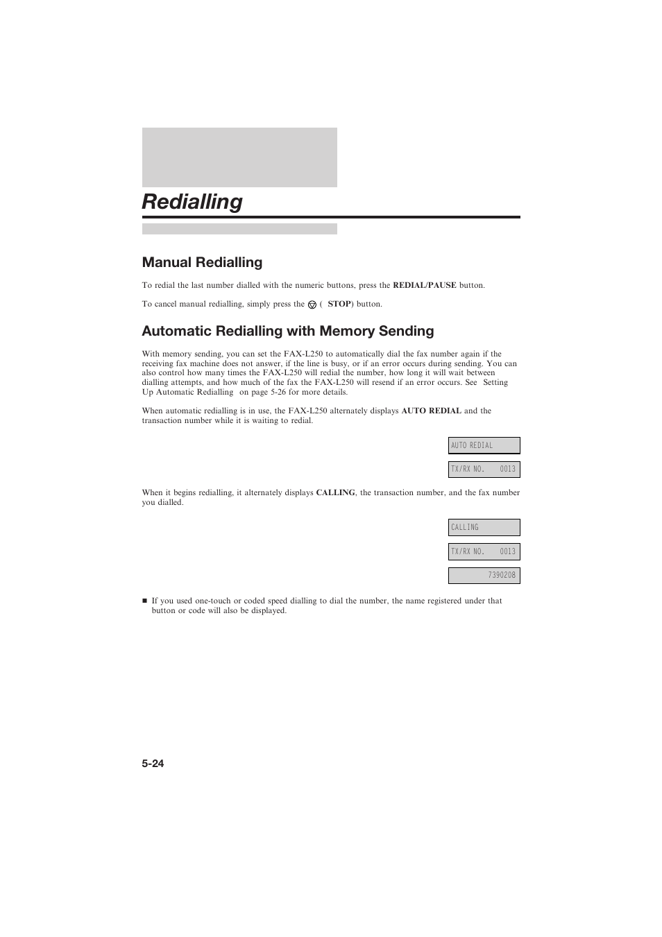Redialling, Manual redialling | Canon L250 User Manual | Page 126 / 282