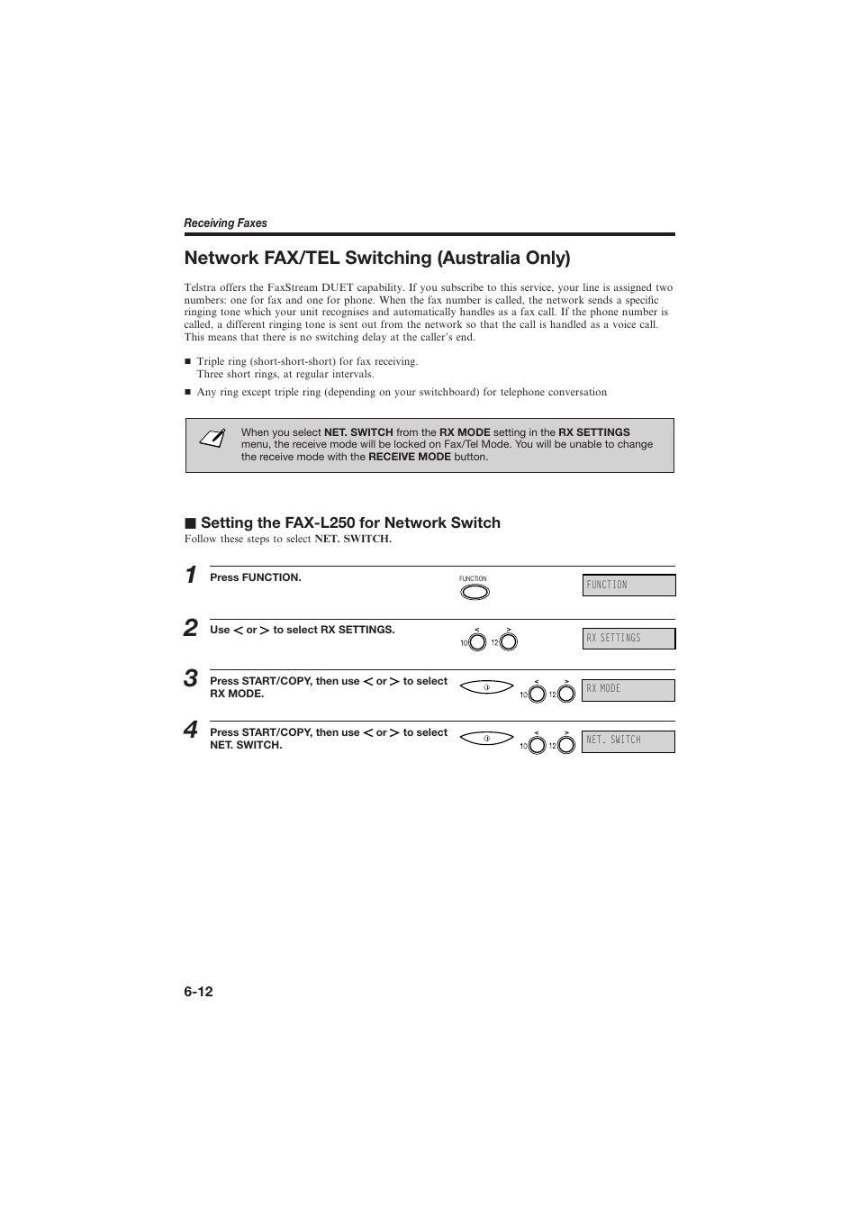 Network fax/tel switching (australia only), J setting the fax-l250 for network switch | Canon L250 User Manual | Page 158 / 282