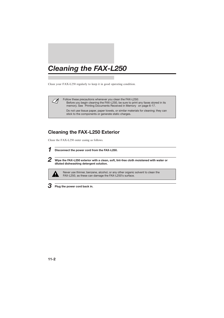 Cleaning the fax-l250, Cleaning the fax-l250 exterior | Canon L250 User Manual | Page 232 / 282