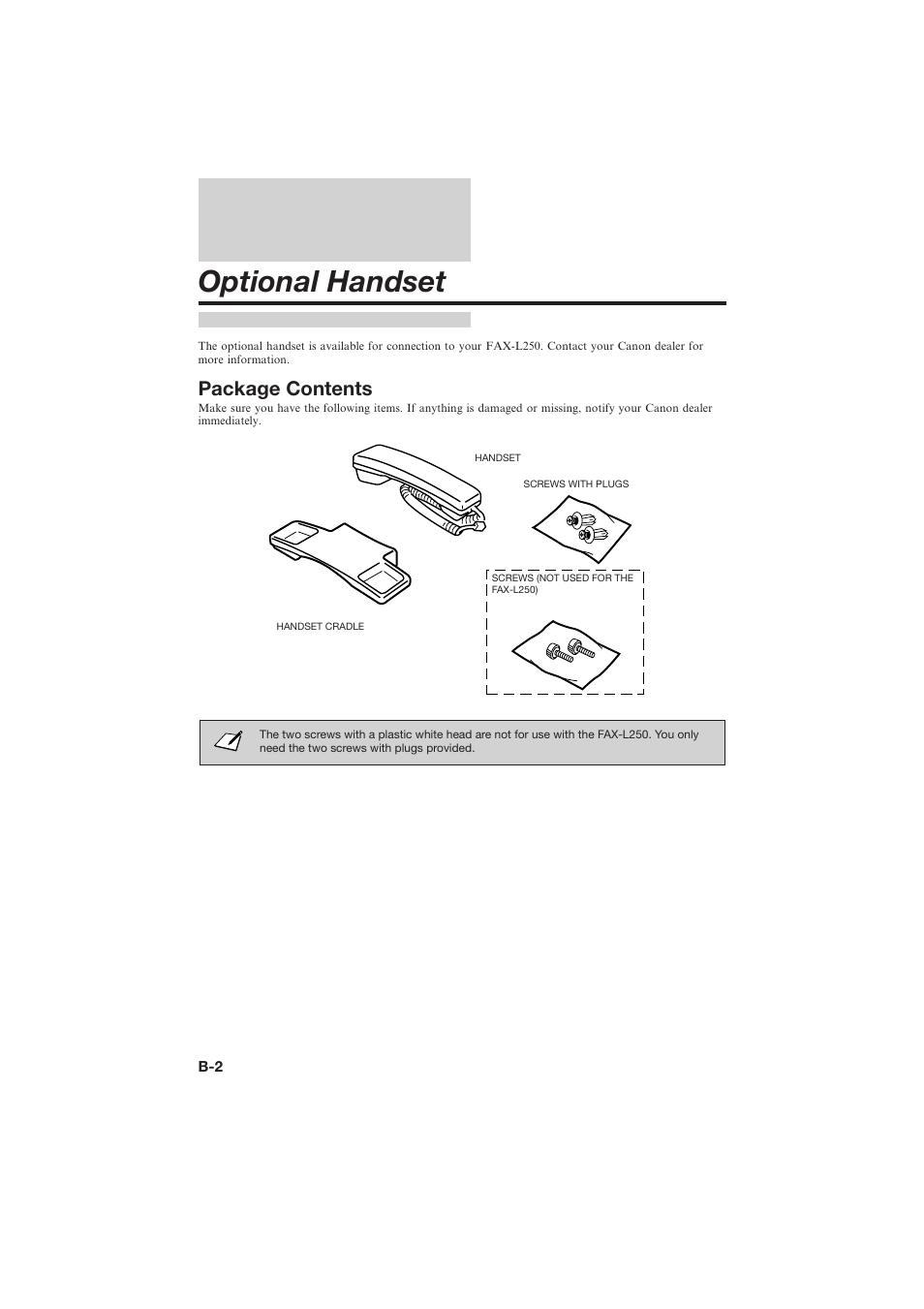 Optional handset, Package contents | Canon L250 User Manual | Page 266 / 282