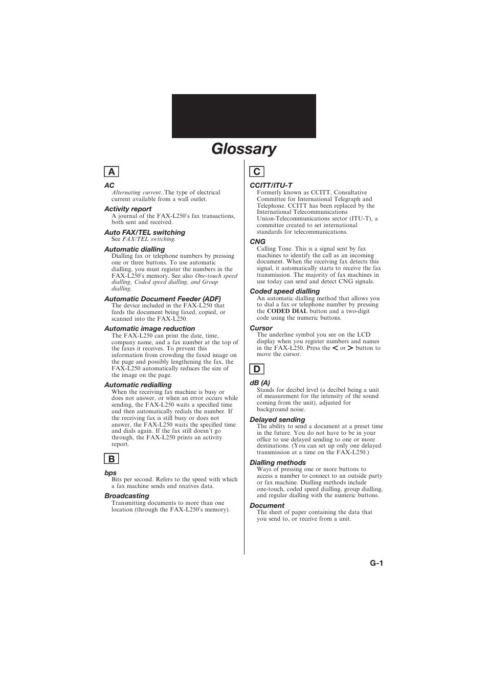 Glossary | Canon L250 User Manual | Page 273 / 282